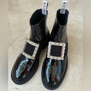 Roger Vivier Rangers Strass Buckle Chelsea Booties in Patent Leather